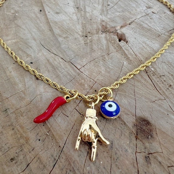 Gold Rope Chain Figa Hand Evil Eye Red Horn Amulet Necklace Unisex Jewelry - Picture 1 of 7